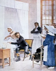 Rene Laënnec (1781-1826) fogyasztástól szenvedő férfi mellkasát hallgatja a Necker Kórházban, 1816
